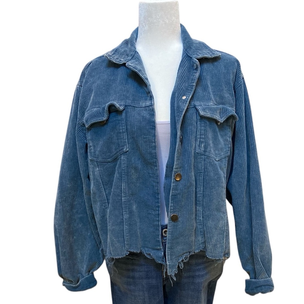 Pol blue curdory long sleeved raw hem button down jacket